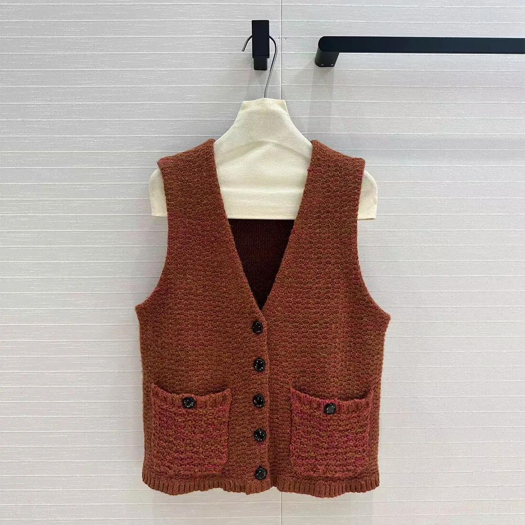 Luxury 80% Cashmere Crochet Knitted Tank Tops Women V-neck Sleeveless Single Breasted Pockets Cardigan Vest Sweet Retro Sweater