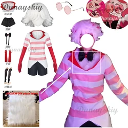 Angel Dust Cosplay Fantasy Anime Cartoon Disguise Costume Gloves Bow Tie Pink Dress Outfit Women Halloween Roleplay Cloth