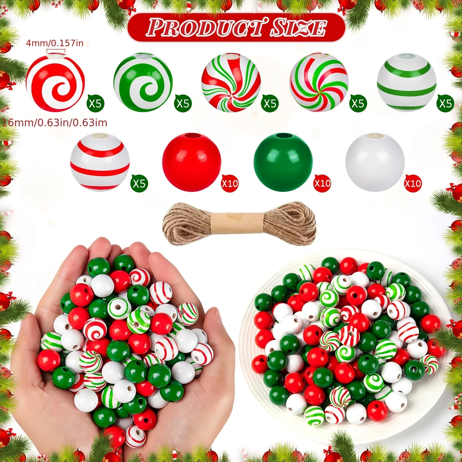 60Pcs Christmas Wooden Beads Candy Cane Wood Beads Xmas Lollipop Candy Swirl Beads 16mm Round Stripes Craft Bead for DIY Jewelry