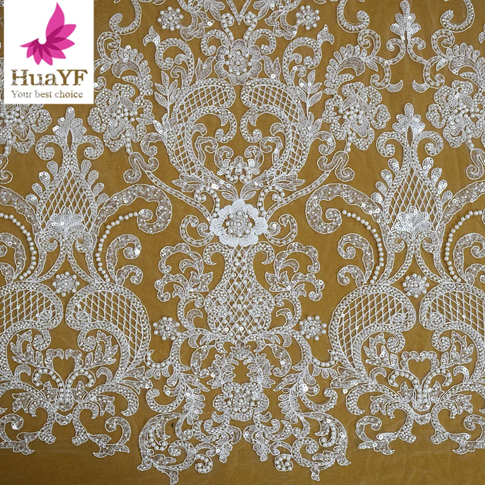 

New white heavy african beaded lace pearls sequins high quality wedding bridal dress fabric HY2660