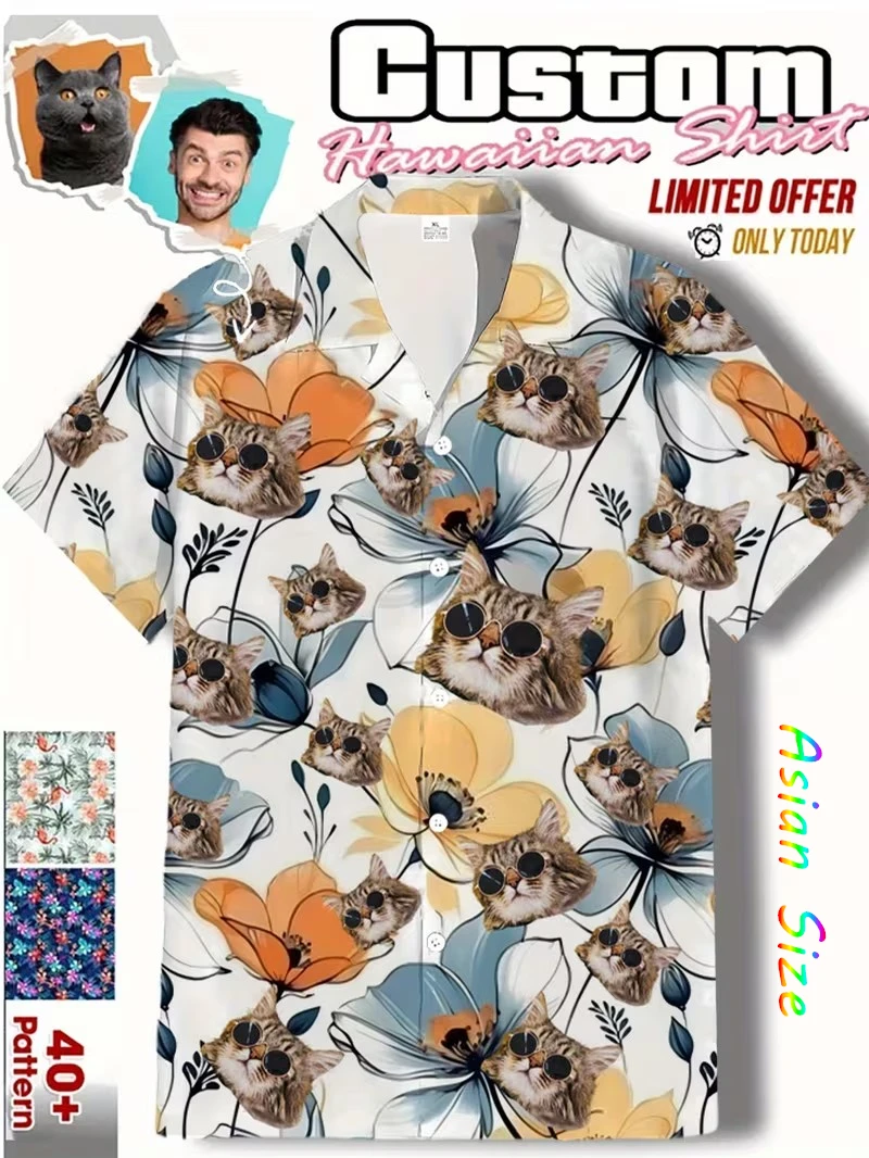 

Горячие рубашки с рисунком кошачьего лица для одежды унисекс, забавный дизайн, блузка с лацканами, бесплатная пляжная рубашка с индивидуальным лицом, 2026 Праздничная Гавайская Camisa