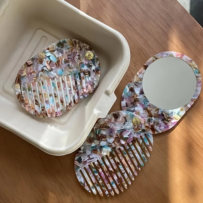 

Портативная складная дорожная зеркальная расческа, розовая, синяя, золотистая, антистатические пластиковые зубы, женский инструмент для ухода за волосами, макияж, подарок, аксессуар для красоты