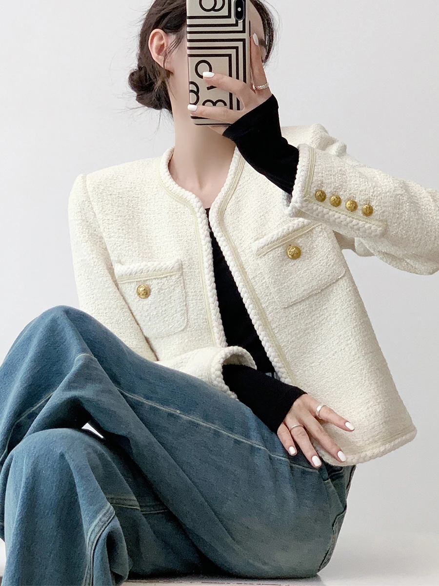 

Женская стеганая куртка белого цвета, новинка 2023 года, осенний высококачественный топ из смесовой шерсти из полиэстера, модный топ