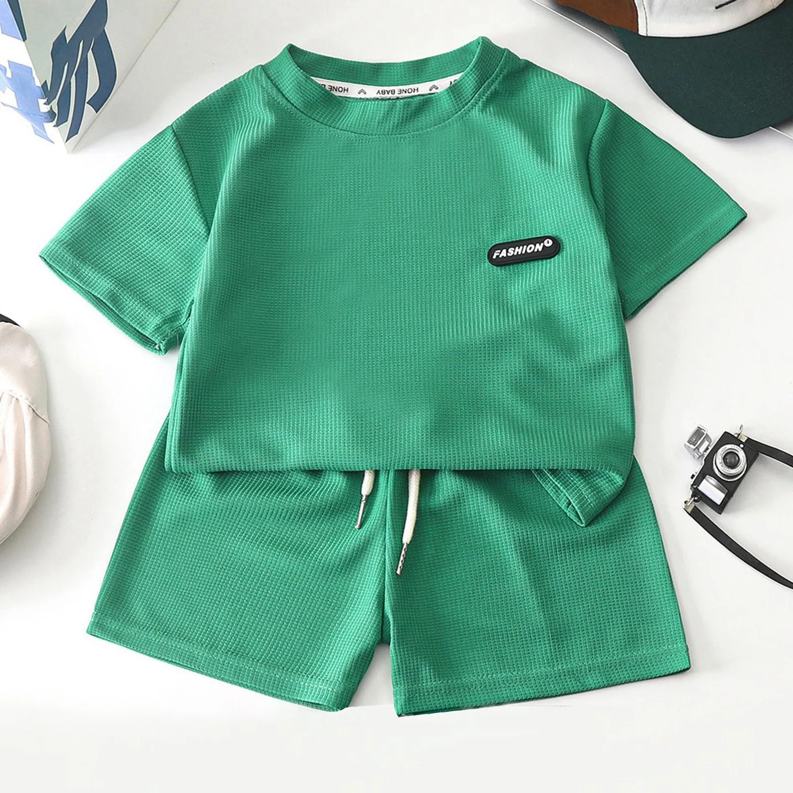 

2pcs Baby Boy Summer Outfits Kids Short Sleeve Shorts Set Summer Solid Color Children Tracksuits Faux Cotton Tee Pant Suit 2024