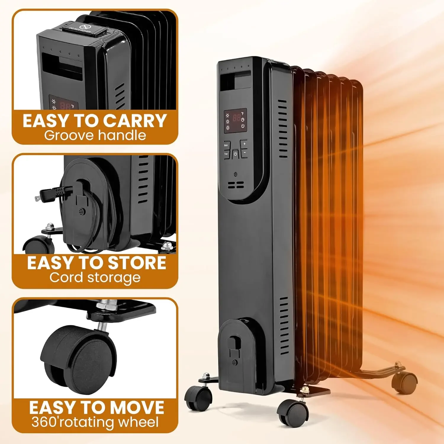 Oil Filled Radiator, Space Heater with Adjustable Thermostat, Overheat Protection, Electric Oil Heater for Indoor Use