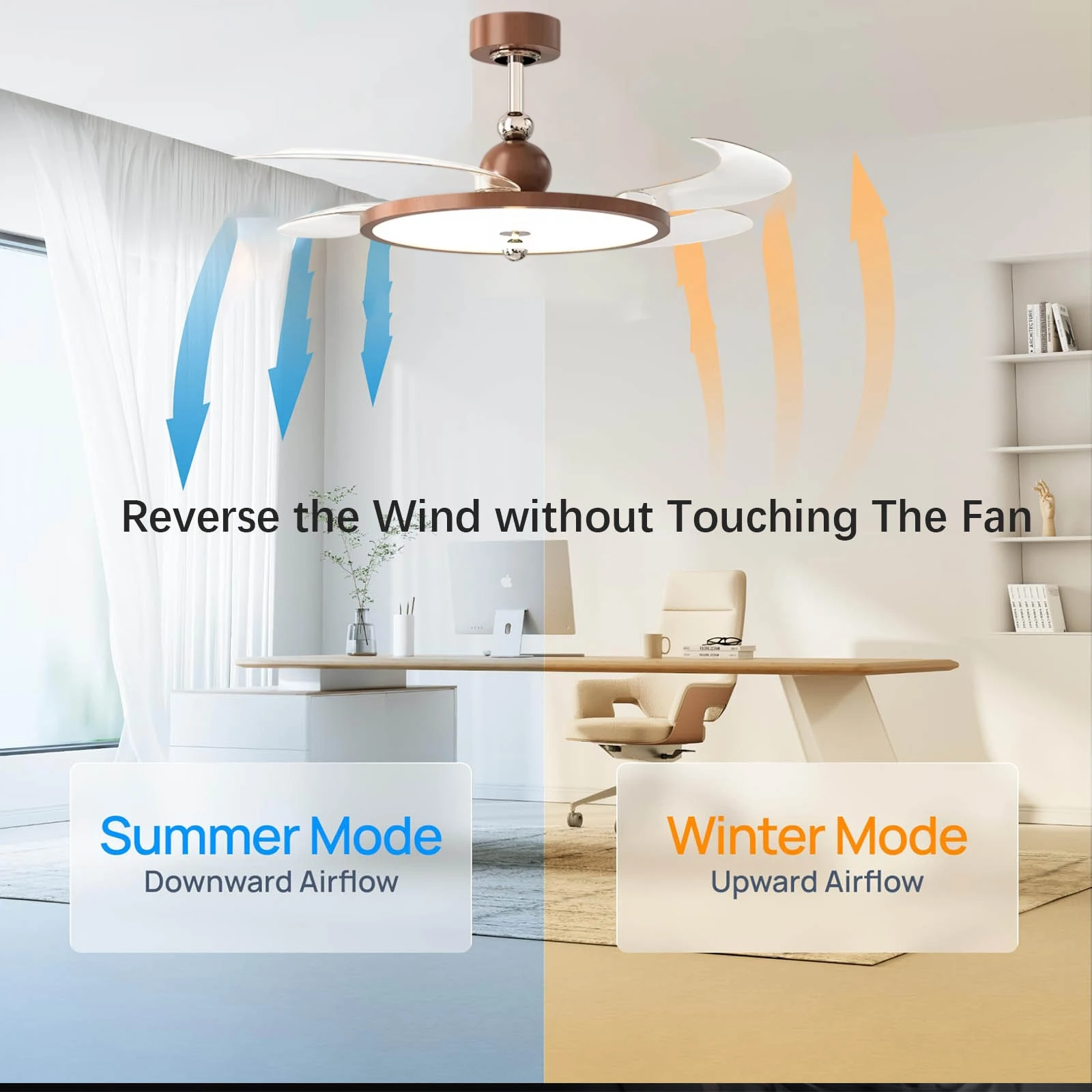 IRALAN French Modern Hidden Retractable Ceiling Fan Light Full Spectrum Eye Friendly LED Lamp 6 Speed Adjustable Low Noise Lamp