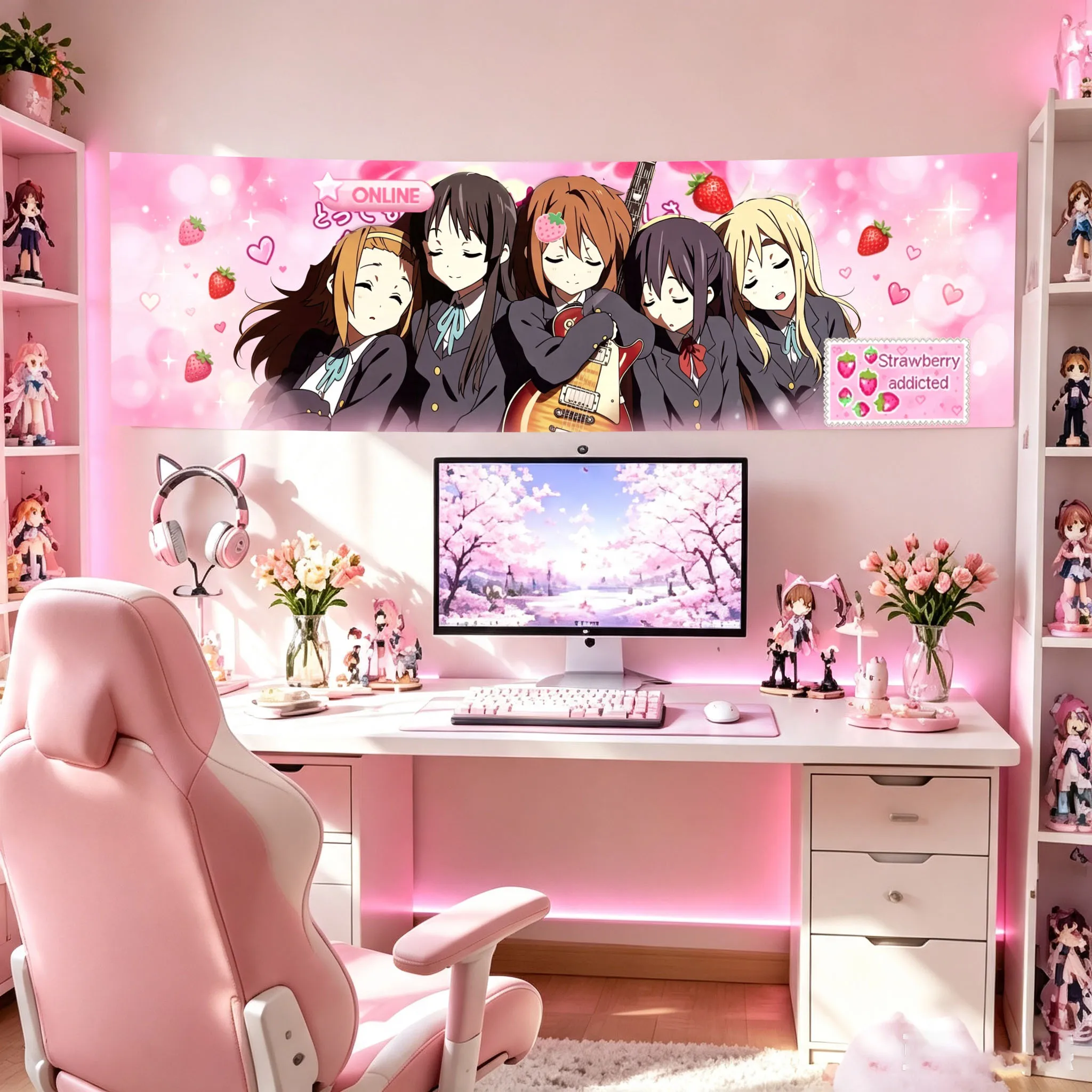 Cute Kawaii Anime Girl Group Background Cloth Long Tapestry Suitable For Home Bedroom Dorm Wall Decor Strawberry Addicted Gift