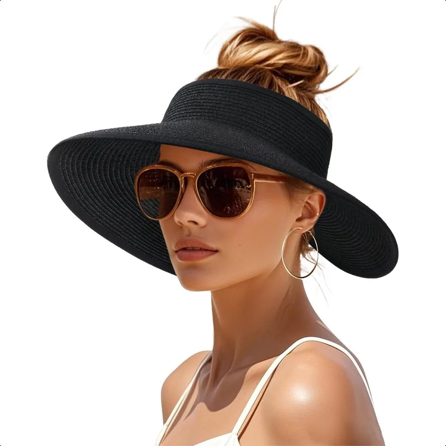 

Womens Sun Visor Hats Wide Brim Straw Beach Hat UV Protection Ponytail Packable Beach Vacation entials