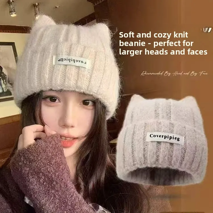 Warm Woolen Hat for Women, Versatile Face-showing Kitten Ears Knitted Hat, Fun Warm and Cold-proof Couple Ear Protection Hat