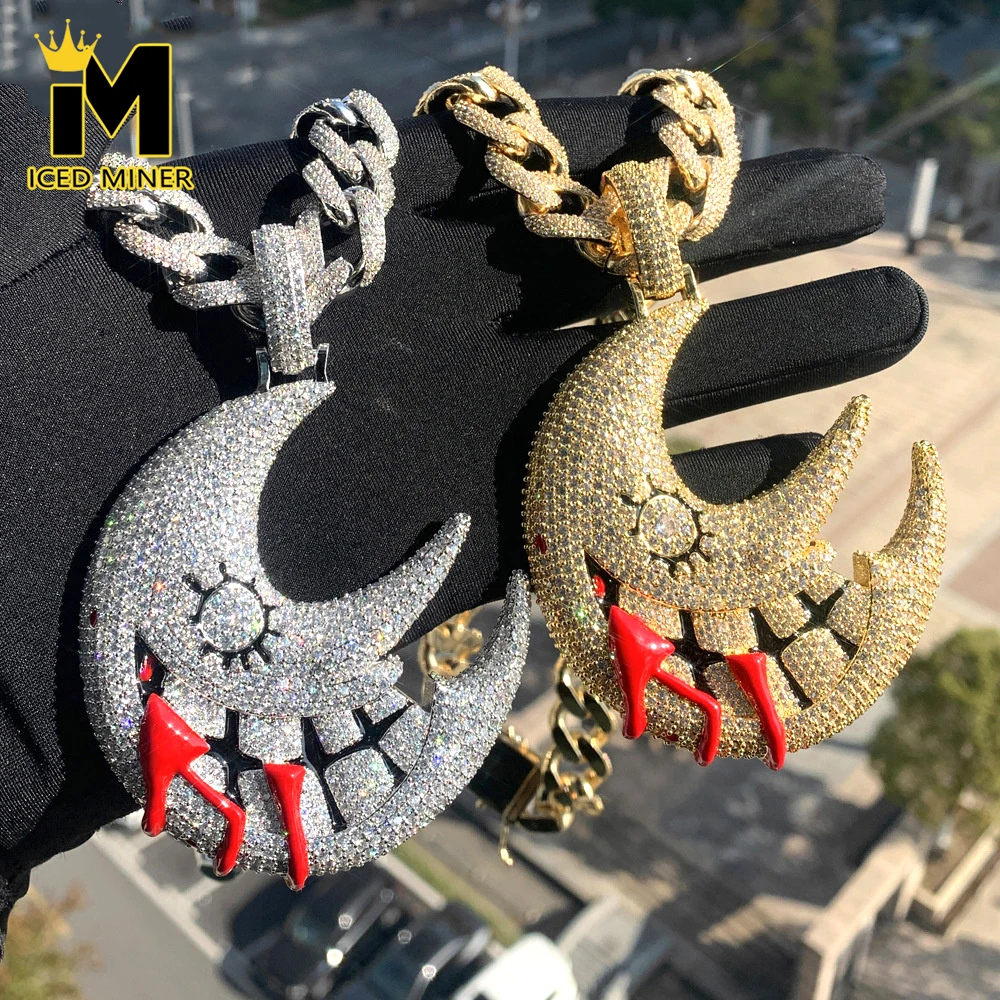 

Icedminer Moon Face Pendant with Iced Out Cuabn Link Chain Necklaces Men Women Bling Zircon Hip Hop Jewelry Free Shipping