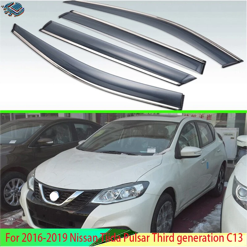 For 2016-2019 Nissan Tiida Pulsar Third generation C13 Plastic Exterior Visor Vent Shades Window Sun Rain Guard Deflector 4pcs