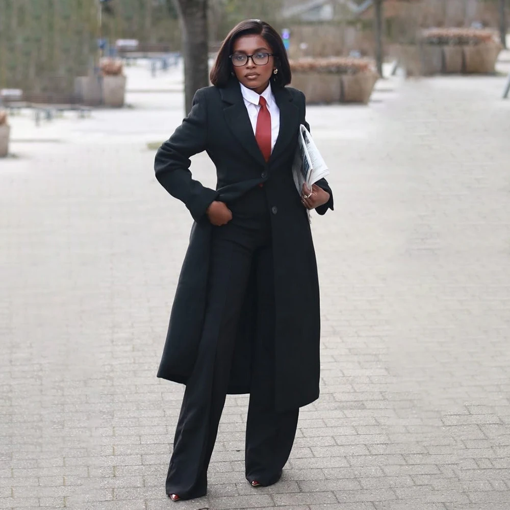 

Navy Blue Women's Suits High Quality Single Breasted Notch Lapel Long Blazer Luxury Office Lady 2 Piece Jacket Pants Sets