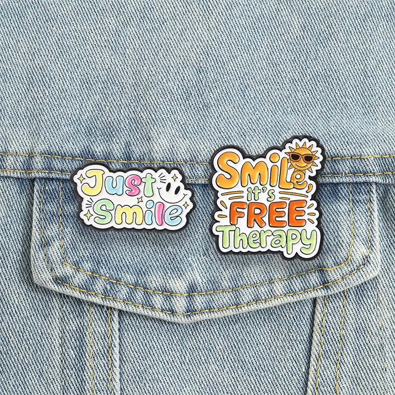 Positive Quote Badge Just Smile It's Free Therapy Enamel Pins Cartoon Mental Health Inspirational Brooches Accessories Decor