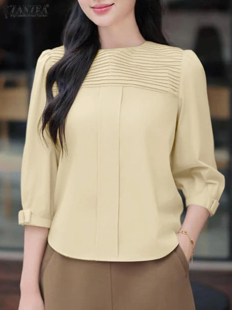 

ZANZEA, элегантная блузка, осенние плиссированные топы, женские повседневные свободные туники, 2025 г., женские однотонные блузки с рукавами 3/4, большие размеры, S-3XL