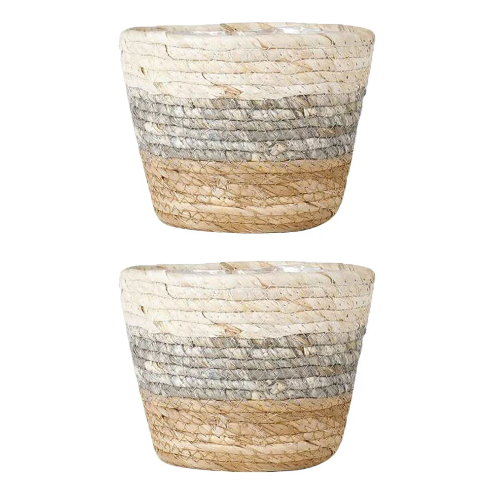 

2 Pcs Flower Basket Straw Flowerpot Indoor Decorate Woven Baskets Grass Desktop Rectangular Delicate