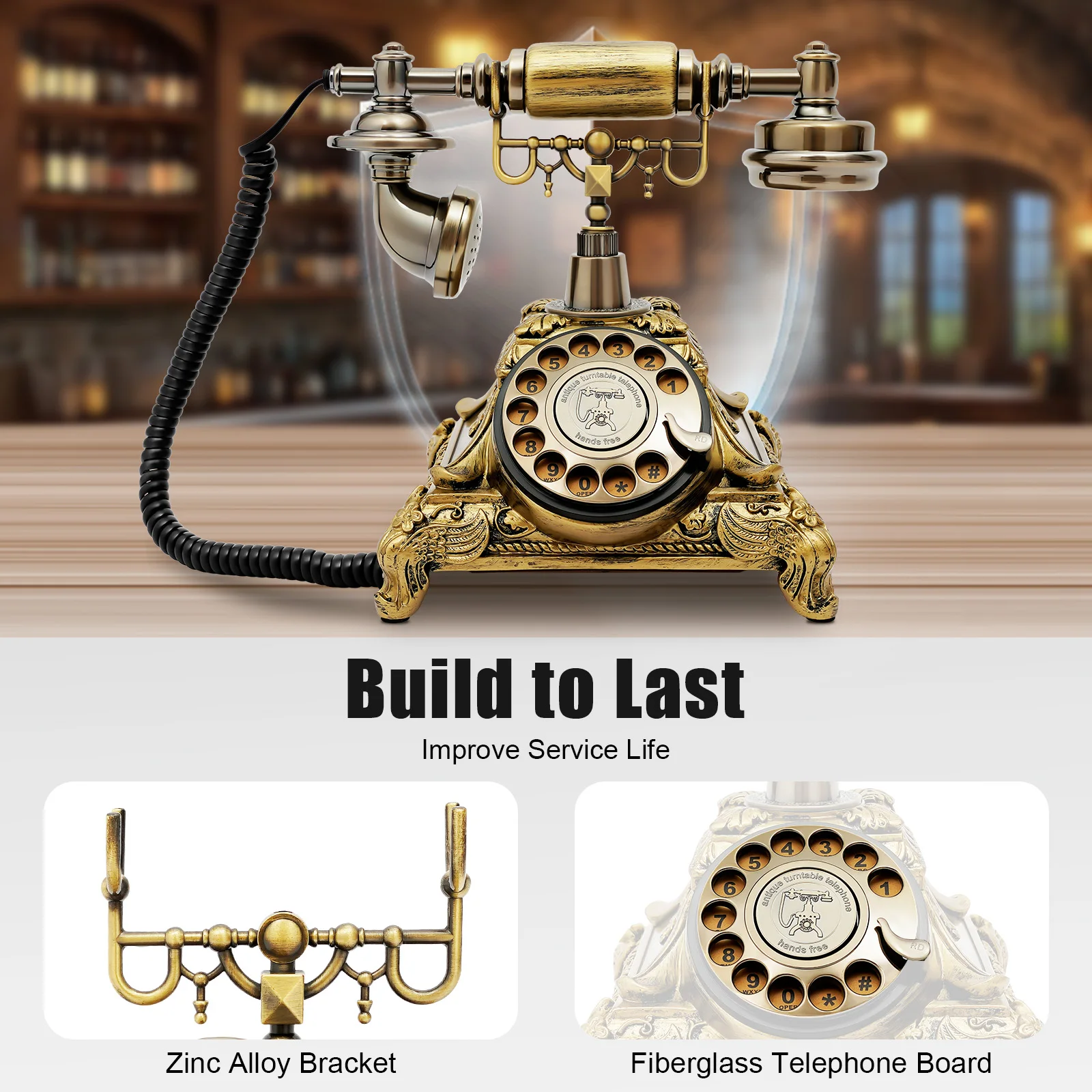 Vintage-Drehscheibentelefon Retro-Festnetztelefon mit Wahlwiederholungsfunktion Geräuschunterdrückung HD-Anruf Zinklegierungshalterung Harzgehäuse Keine Batterie erforderlich für Heim- und