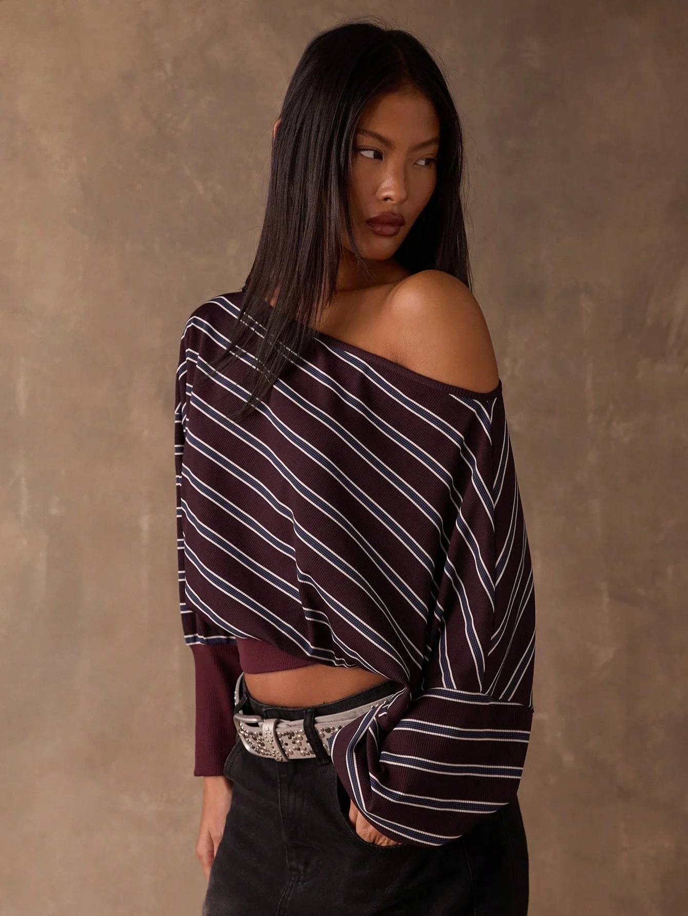 Women's Off-Shoulder Striped Long Sleeve Crop Top Casual Loose Fit Burgundy