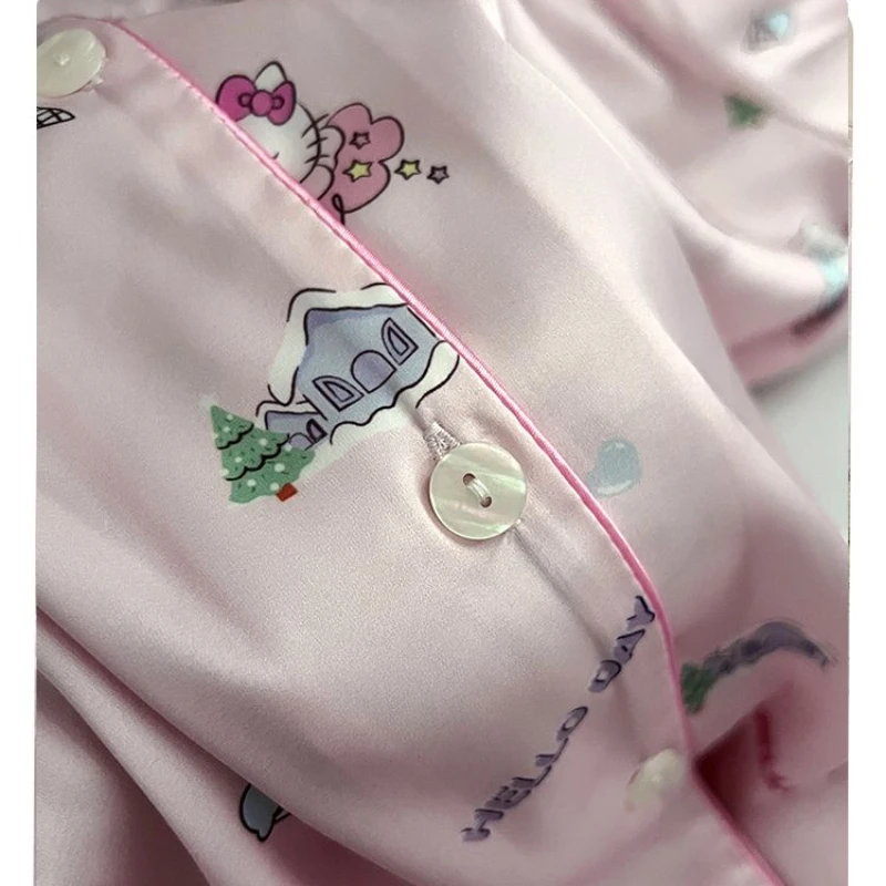 Kawaii Hello Kitty Pajamas for Women Summer Ice Silk Short-sleeved Trousers Three-piece Set Comfortable and Cool Home Wear Gift