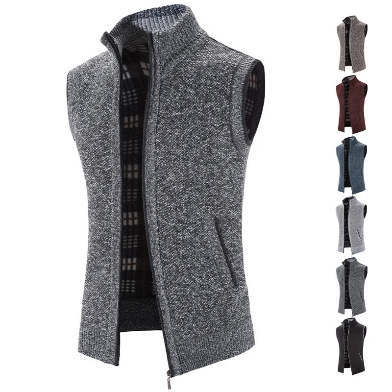 

2025 New Men's Fleece Lined Knit Vest Zip Up Cardigan Sweater Warm Autumn Winter Sleeveless Jacket Casual Fashion Sweater Male