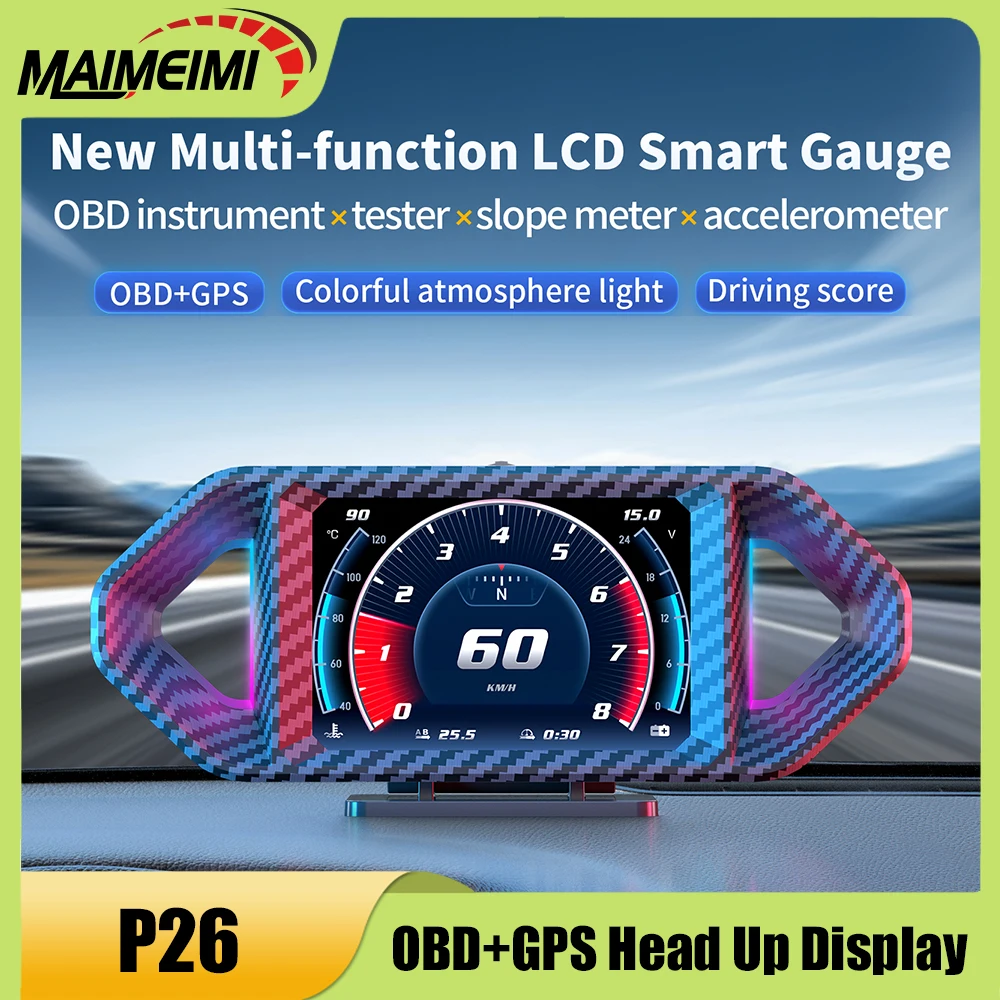 

NEW HUD P26 OBD+GPS HUD Slope Meter Accelerometer Car Head Up Display Digital Speedometer Water Temp Fuel Consumption RPM Meter