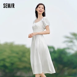 Semir Dress Women Gentle And Elegant 2024 Summer New French-Style Square Collar Waist Cinched Mid-Length Fresh