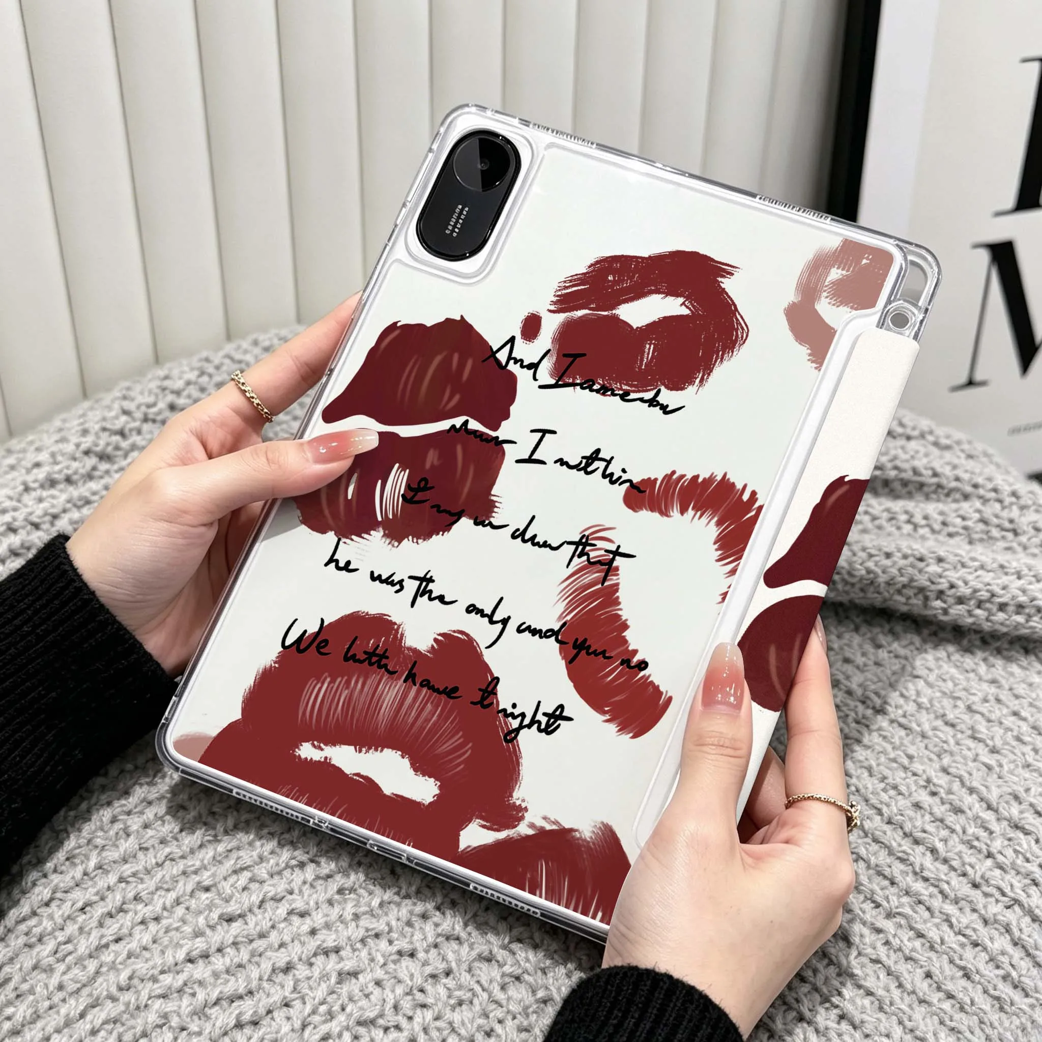 Kiss Lips Love Words For Xiaomi Redmi Poco Pad 5 6 7 8 Pro SE 11 11.2 12.1 Inch Transparent Y-Shaped Folding Tablet Case