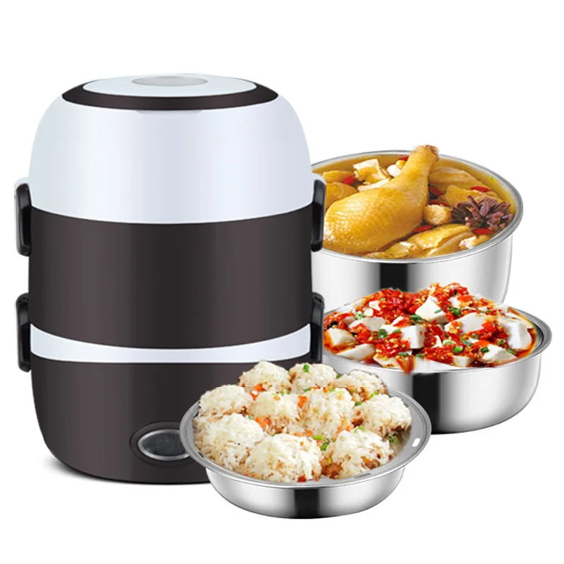 220V Mini Rice Cooker Electric Lunch Box Portable Food Warmer 1/2/3 Layers Stainless Steel Container For Home Office School