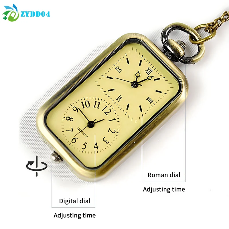 ●Exquisite Watch Bronze Keychain Pocket Watch Square Retro Double Time Movement Quartz Watch Without Cover Antique Style Pendant