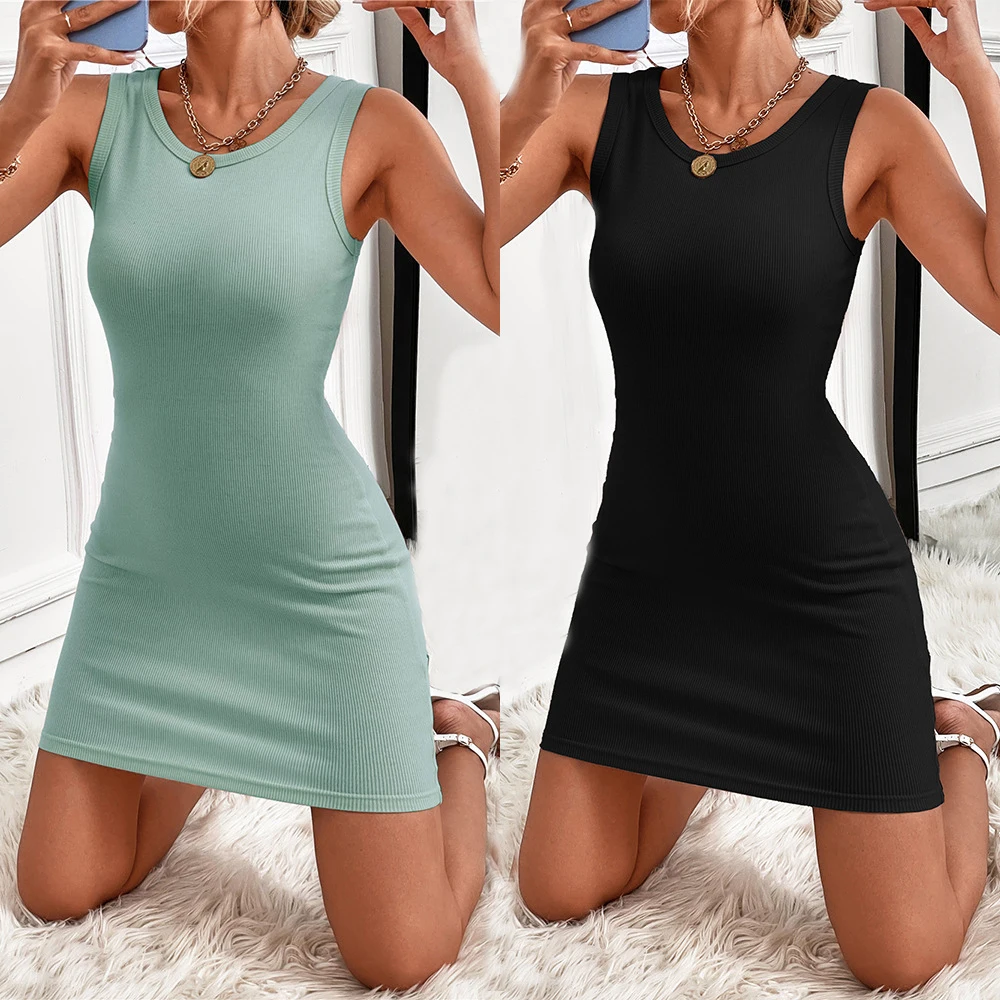 Summer Solid Bodycon Mini Dress Women Sleeveless Basic Tight Hip Sleeveless Tank Dresses Belted Bohemian Black Backless Dress