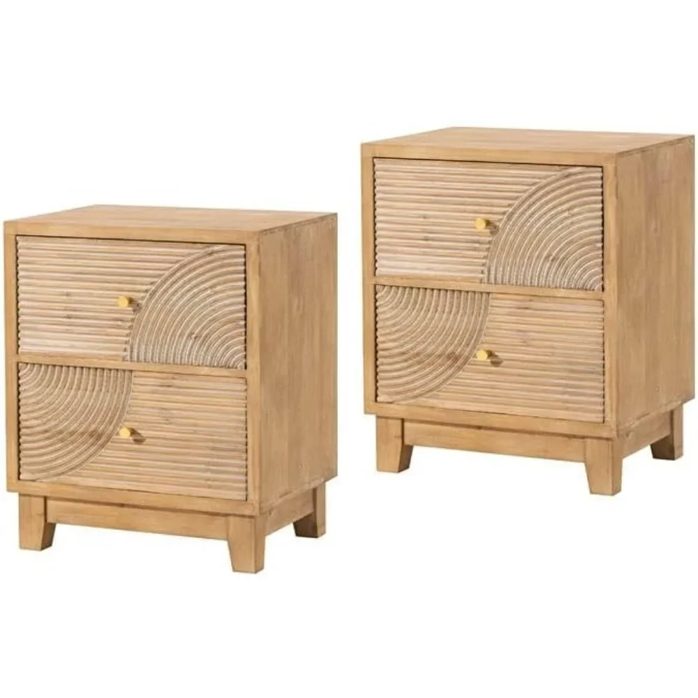 Farmhouse Nightstand, Mid Century Nightstand Set of 2 Fully Assembled with Handcrafted Wood Ring Pattern for Boho