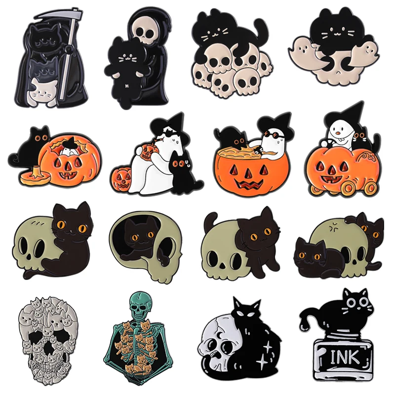 Weißer Geist mit Katze, Emaille-Anstecknadeln, gruseliger Kürbis, Totenkopf, Boo, Kätzchen, Halloween-Broschen, Anstecknadel, Schmuck, Geschenke für Freunde