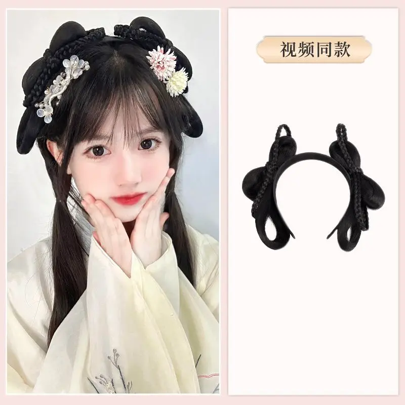 Chinese Hanfu haarhoepelpruik - alles-in-één hoofdband met nepbroodje voor beginners traditioneel kostuumhaarstukje