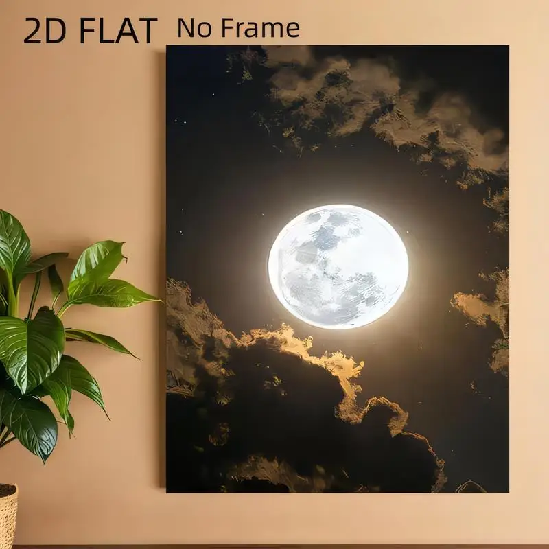 2D Flat No Frame, Full Moon & Golden Clouds Night Sky Metal Wall Art - Glowing Moon Design, Black & Gold, Iron Material, Perfect