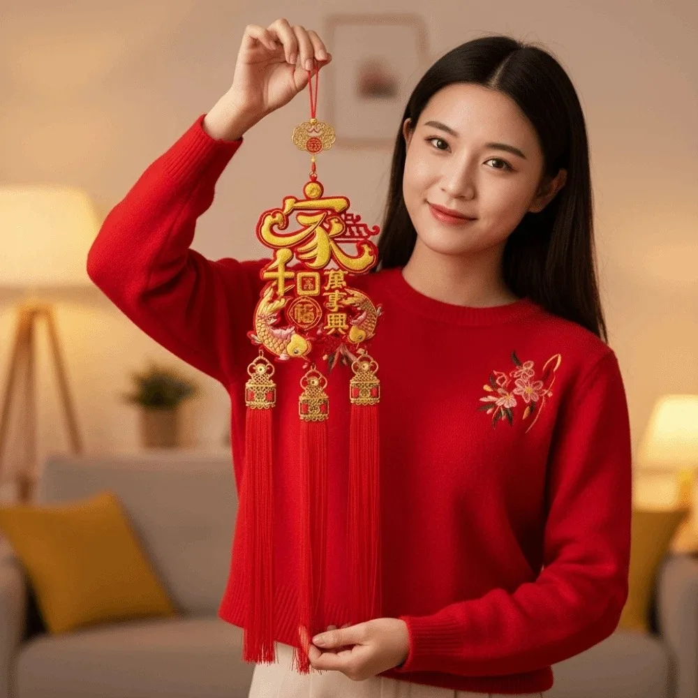 Chinese Blessing Words Horse Year Door Pendant Large with Tassel New Year Wall Decoration Non-woven Chinese Knot