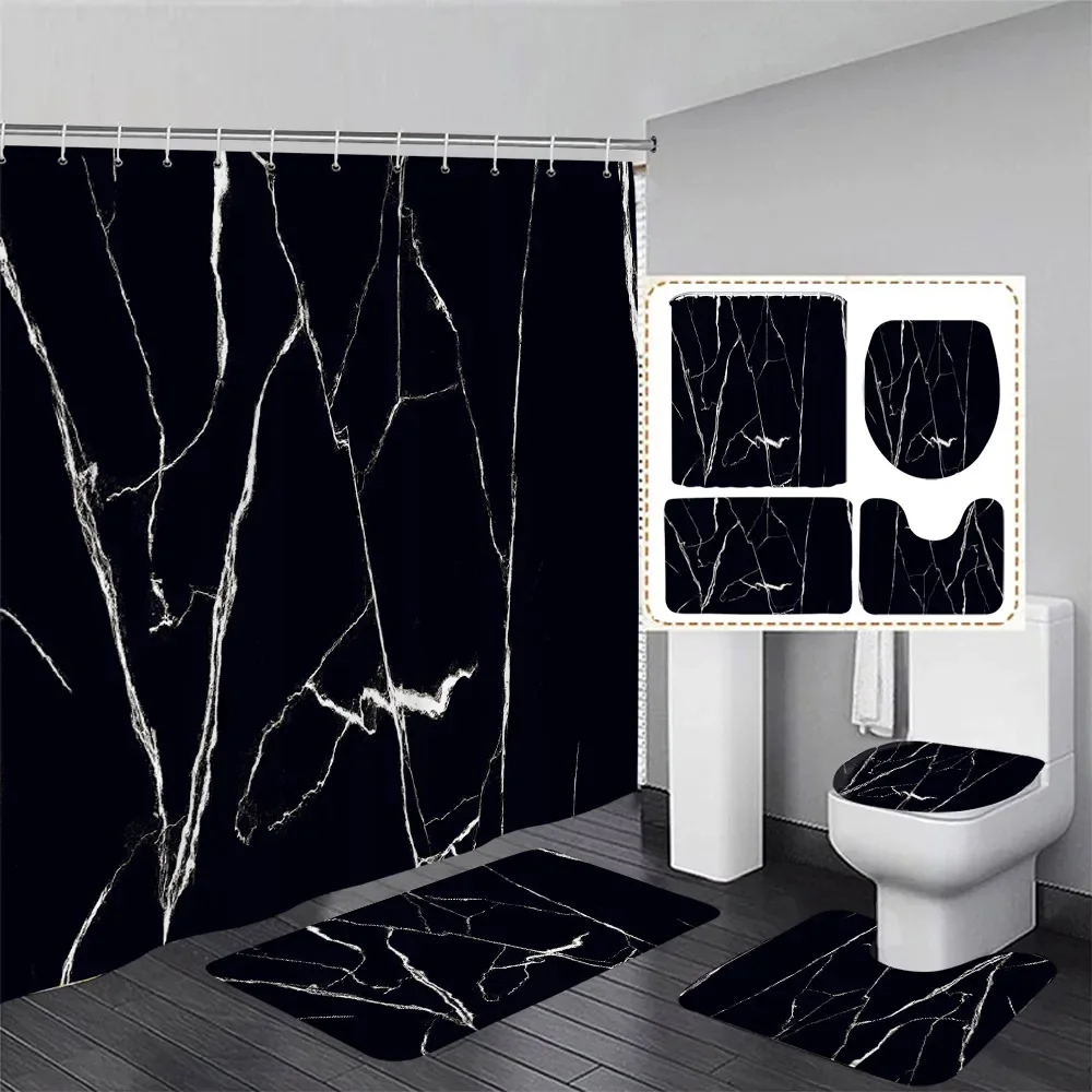 Black Marble Shower Curtain Set White Lines Cracked Pattern Modern Geometric Bathroom Decor Non-slip Rug Bath Mats Toilet Cover