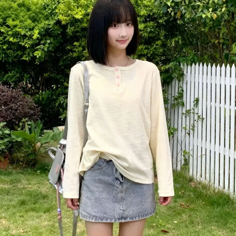Kawaii Sweet Cuteore T Shirts Women Japanese Style Y2k Harajuku Cat Embroidery Long Sleeve Slim Tees Tops Soft Girl