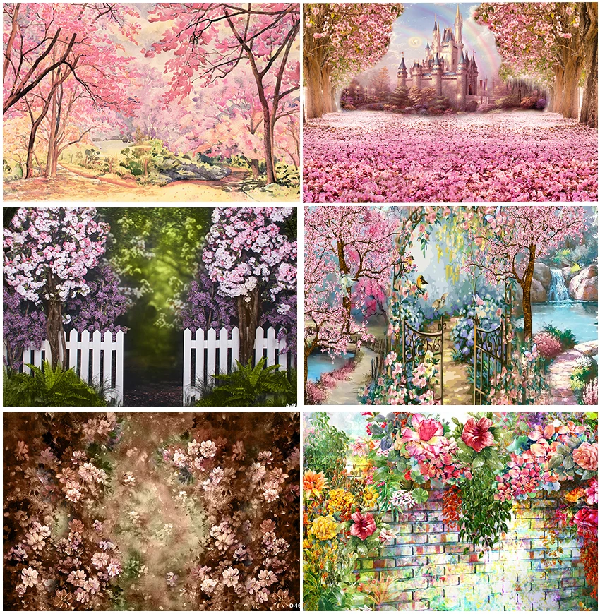 

Spring Scenic Pink Flowers Painting Photography Child Girls Birthday Castle Princess Rainbow Backdrops Art Portrait Backgrounds