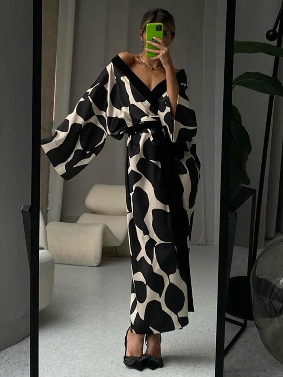 Print Long Lace-up Maxi Dress Spring Summer Nightgown Long Sleeve Kimono For Women Bathrobe Gown Sexy Home Robe Loungewear 2023