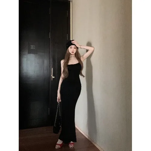 French Elegance Black Backless Strap Dress Women's Summer Waist Cinched Bodycon Long Dress Sexy Ladylike Midi Skirt