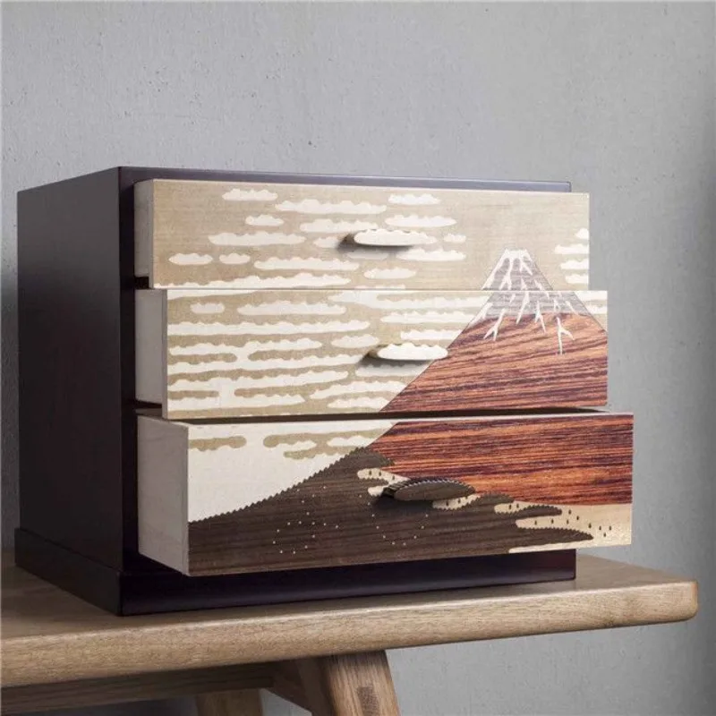 Solid wood inlaid Japanese retro, three-layer drawer type, storage and organization