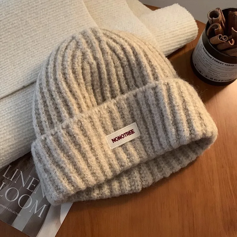 Korean Blue Knitted Wool Hats Elastic Cap Winter Windproof and Warm Beanie Hat Solid Color Cap Covers Unisex The Head Ears Women