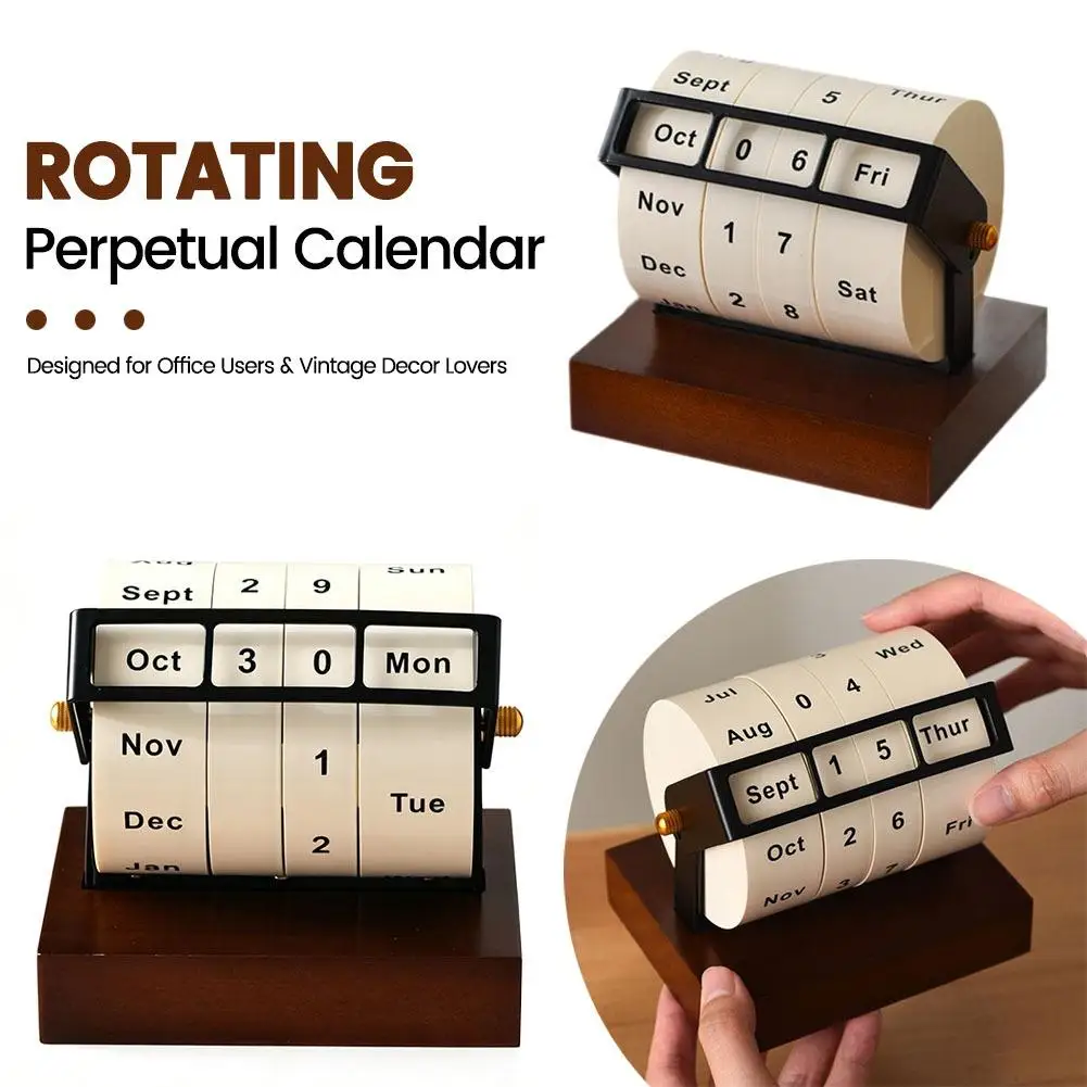 Vintage Rotating Wheel Perpetual Calendar Wooden Base Desktop Manual Flip perpetual Desk Calendar Ornament Creative Time Display