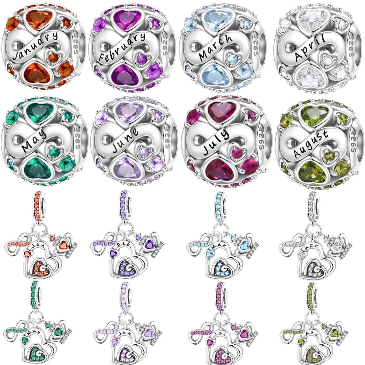 925 Sterling Silber Monats-Geburtsstein Herz Zirkon Charm Anhänger Passend für Armband Halskette DIY Schmuck Geburtstagsgeschenke