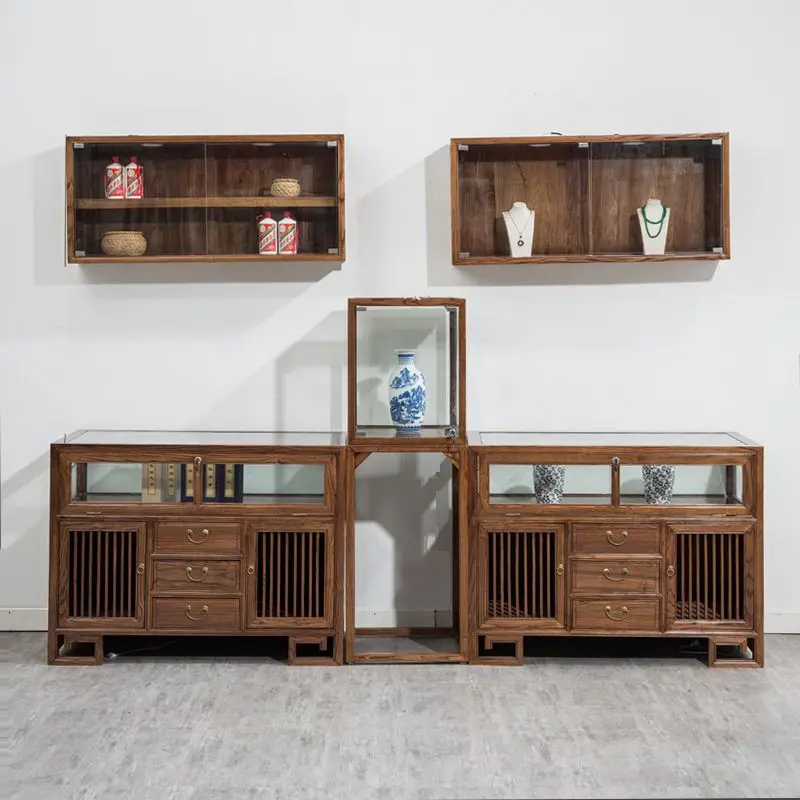 

Custom.Jewelry Showcase Solid Wood Mortise Show Jewelry Jade Tea Zhongdao Shelf Showcase Showcase