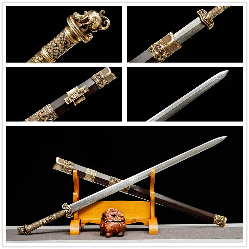Exquisite Chinese Sword JIan Traditional Craftsmanship Forging Damascus Steel Blade Copper Brass Fittings Ebony Sheath Full Tang