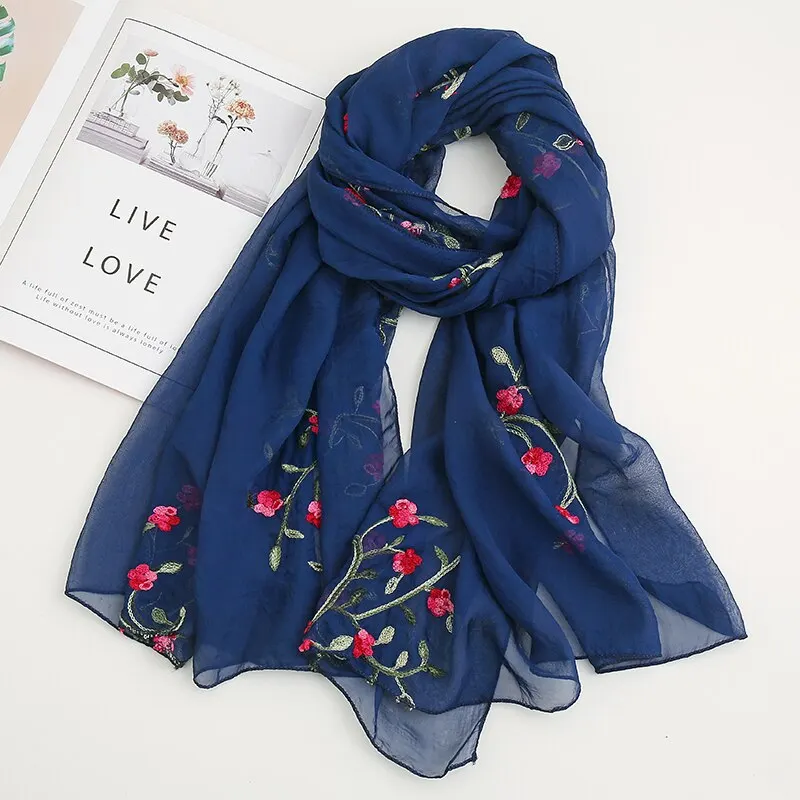 Fashion Floral Embroidery Chiffon Scarf Women Muslim Hijab Headscarf Soft Wraps Headband Summer Sunscreen Shawls180*75cm