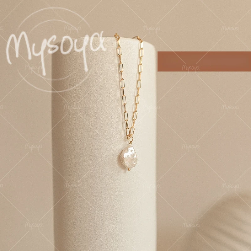

MYSOYA 10-12mm White Button Baroque Pearl Pendant Chain Necklace, for Birthday/Wedding/Mother's Day/Father's Day Gift A0687