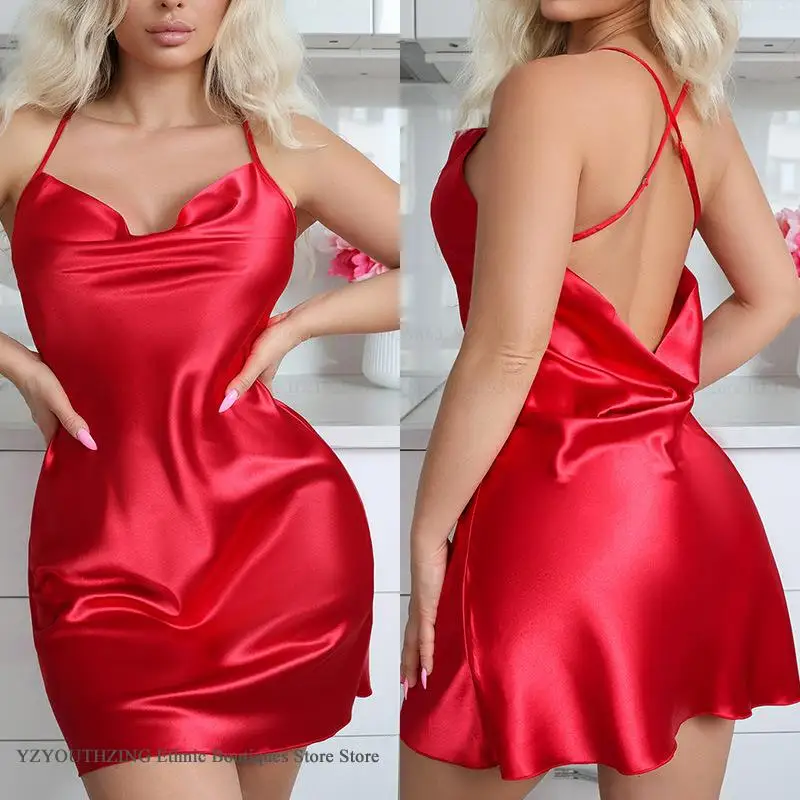 

Sexy Swing Collar Nightgown Sleepdress Summer New Ice Silk Night Wear Backless Nightdress Lingerie Loose Home Dress Loungewear