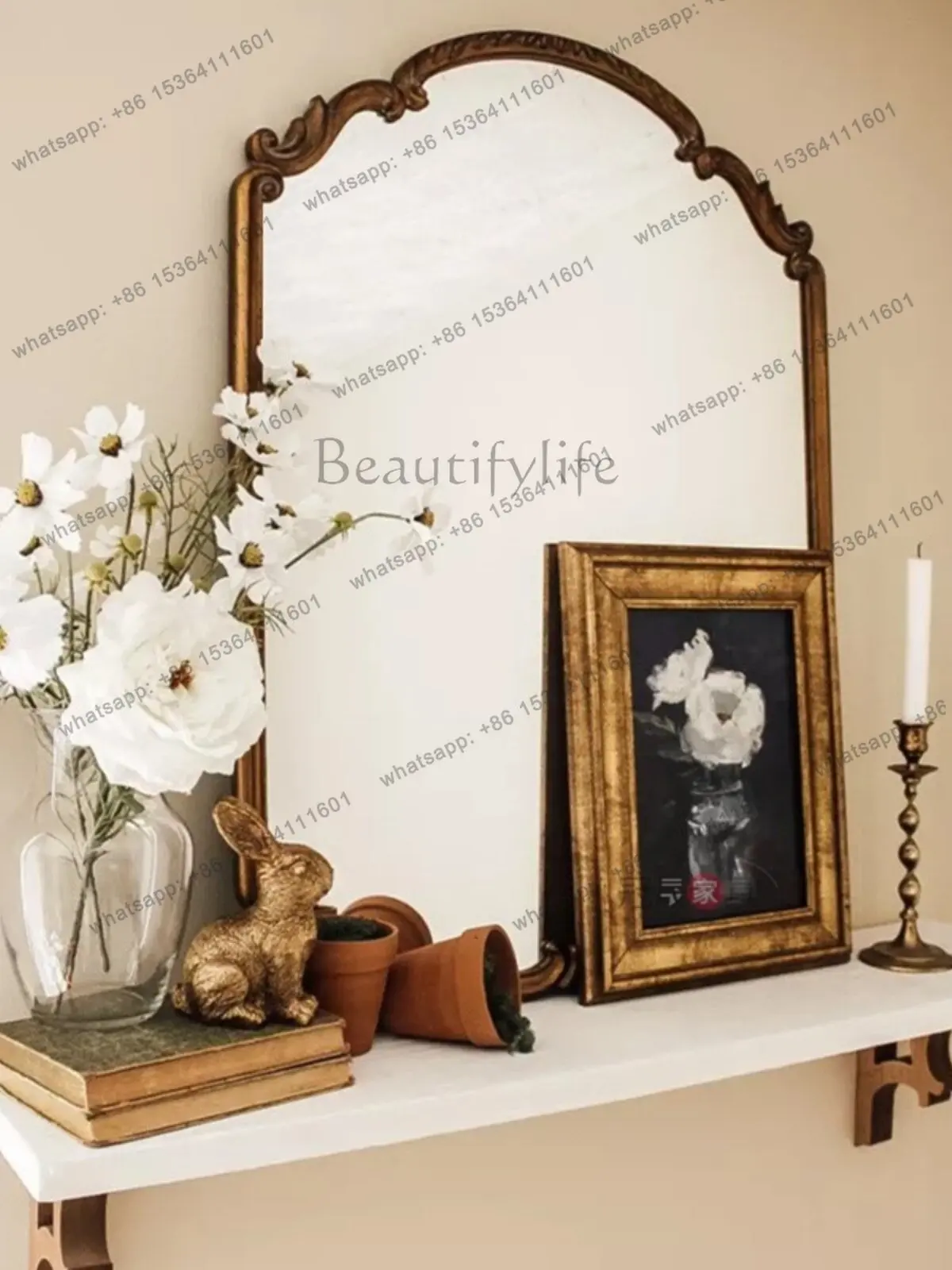 LS French toilet bathroom mirror retro carved home toilet wall hanging arched vanity mirror