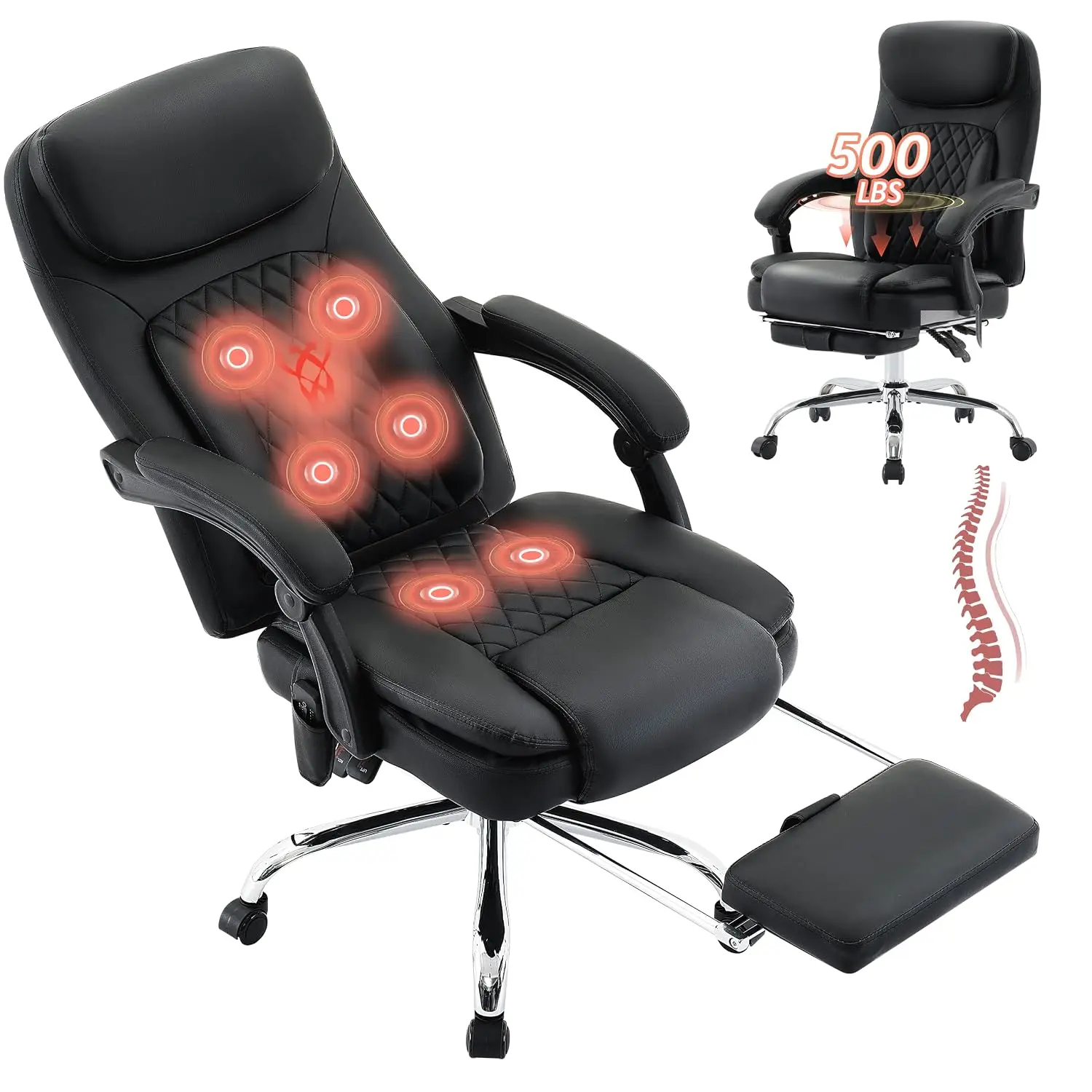 Ergonomic Massage Office Chair 500LBS Reclining 6-Point Vibration Heat Footrest Wide Thick Seat Big Tall PU Leather, Customized
